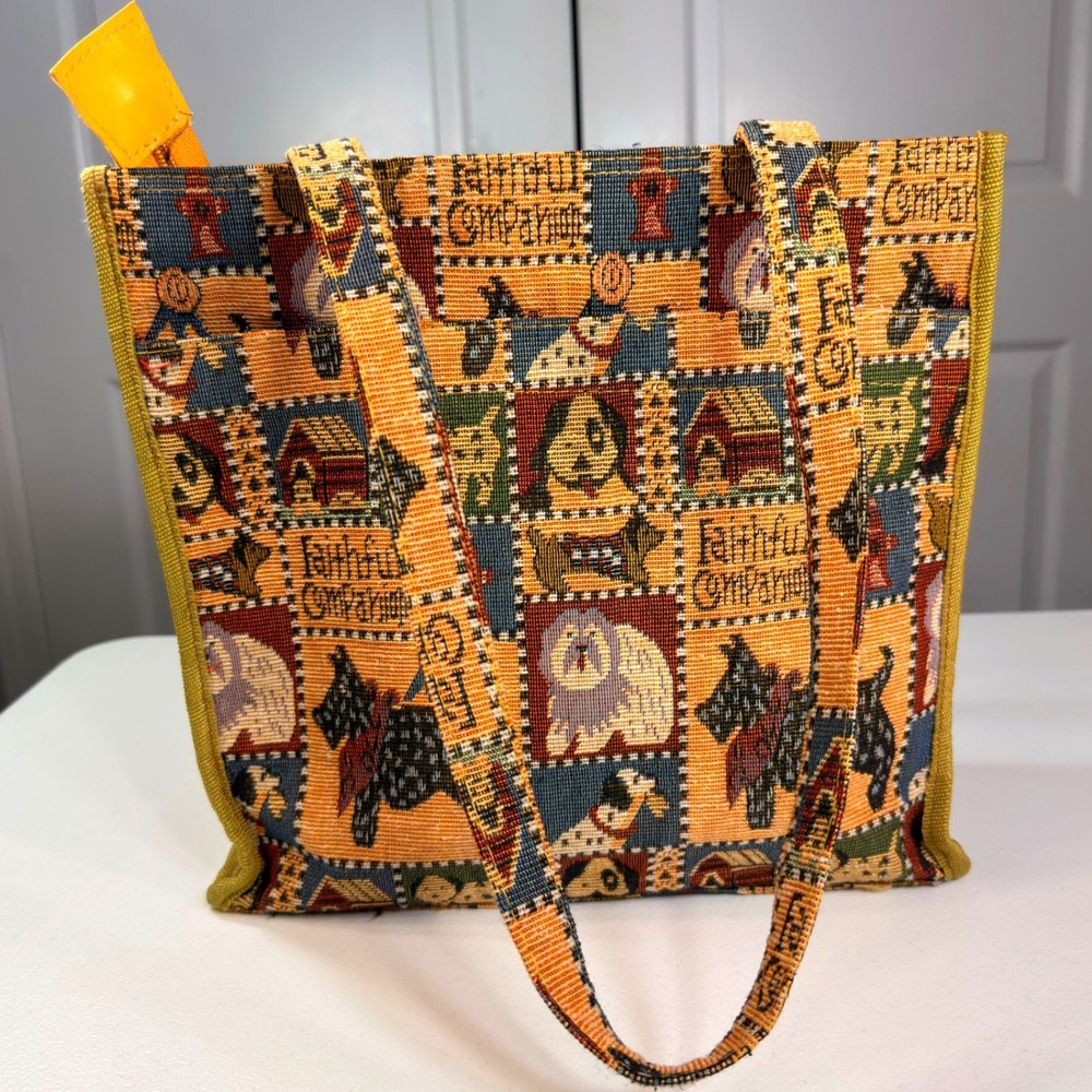 Vintage Dog Tapestry Tote Bag Faithful Companion Woven Handbag Multi-Color 12"
